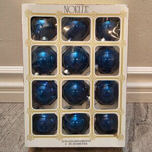 Vintage Christmas Noelle Bright Blue Glass Ball Tree Ornaments Set of 12 In Box